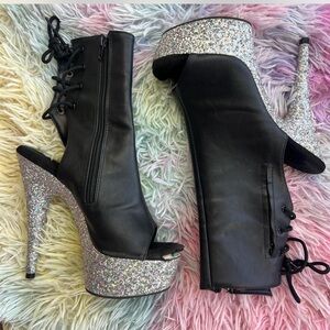 PLEASER Vegan Leather Boot Heel Glitter Bottoms Size 7